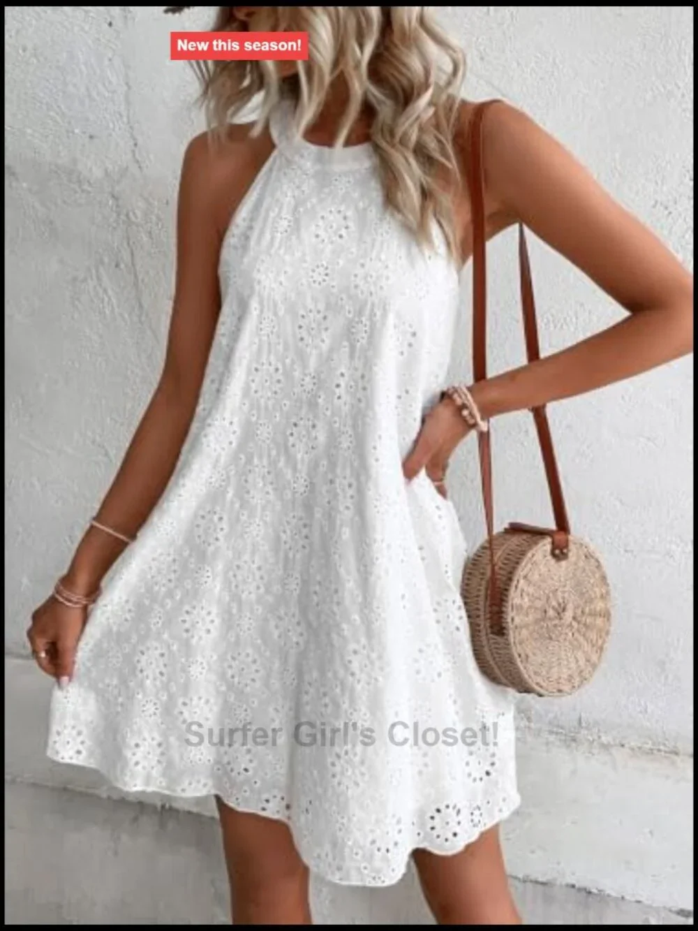 Women's Eyelet Halter A-Line Flowy Mini Sundress Keyhole Back Vacation
